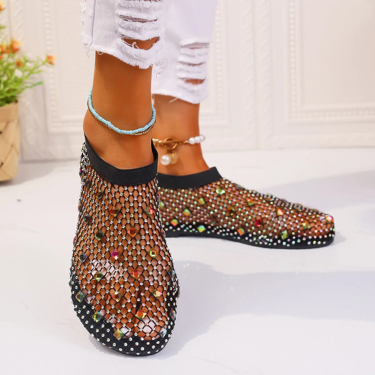 Women's colourful mesh flat sandals with rhinestone decoration and round toe design