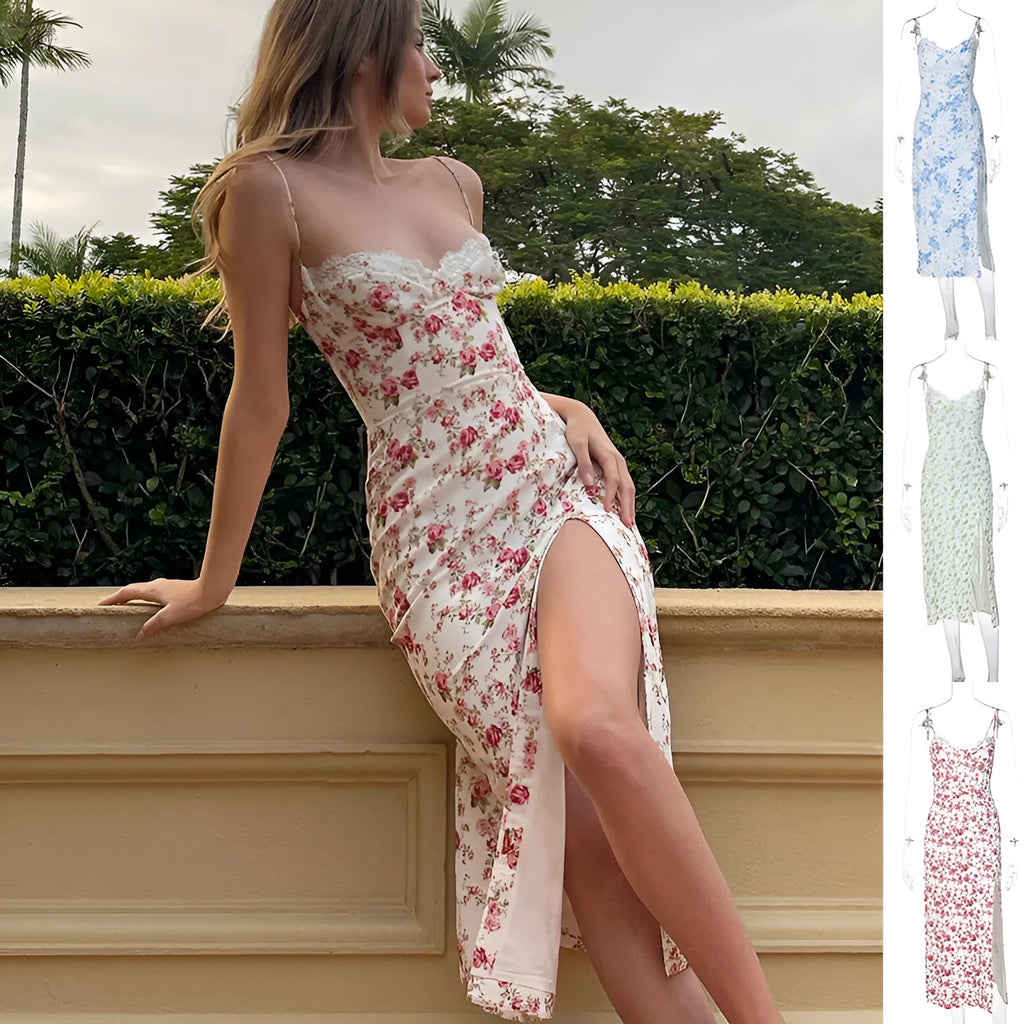 Blue lace flowers print long dress on a mannequin, showing side slit and suspender straps.