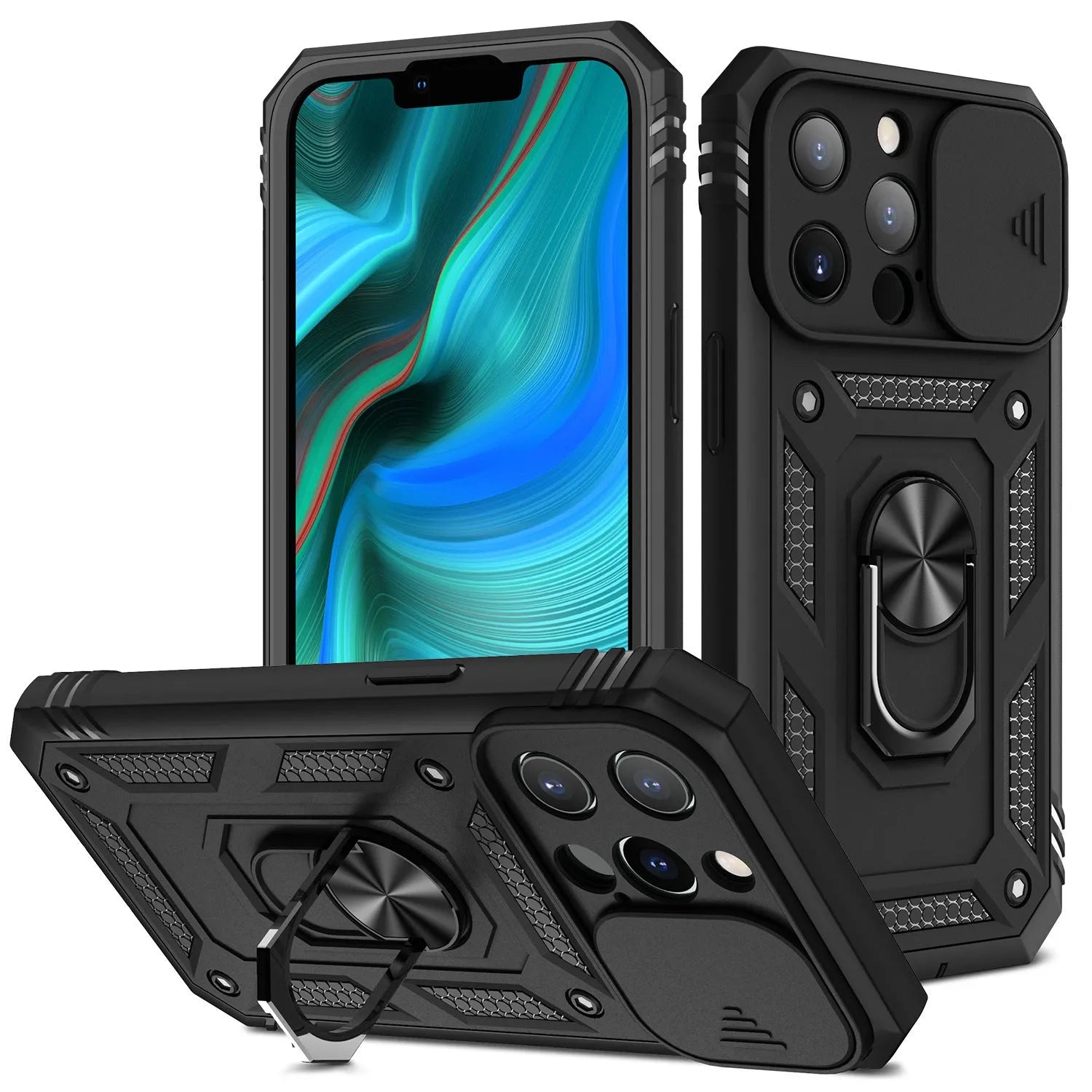 Magnetic sliding window phone case for iPhone in two-tone sapphire blue colour.