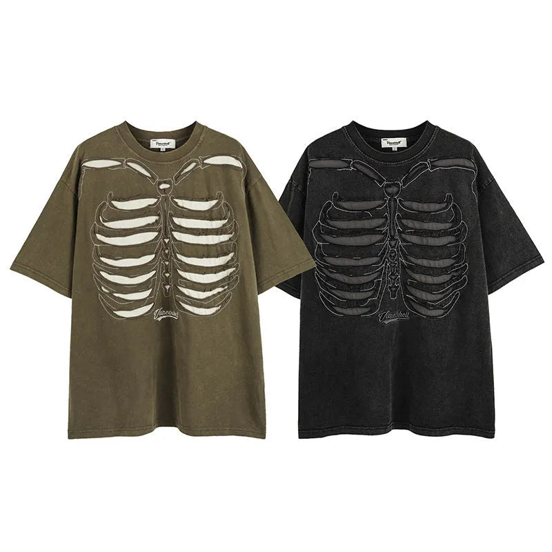 Brown cotton t-shirt with a large black skull graphic print and drop-shoulder sleeves.