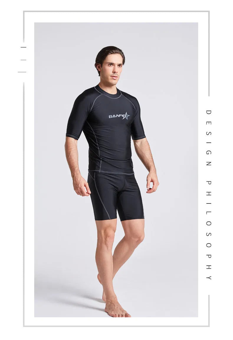 Men's blue quick-drying nylon swim set with half-sleeve top and matching swim pants on a mannequin.