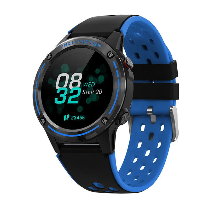 Blue silicone strap 1.3 inch outdoor sports smart watch displaying health metrics on its screen.