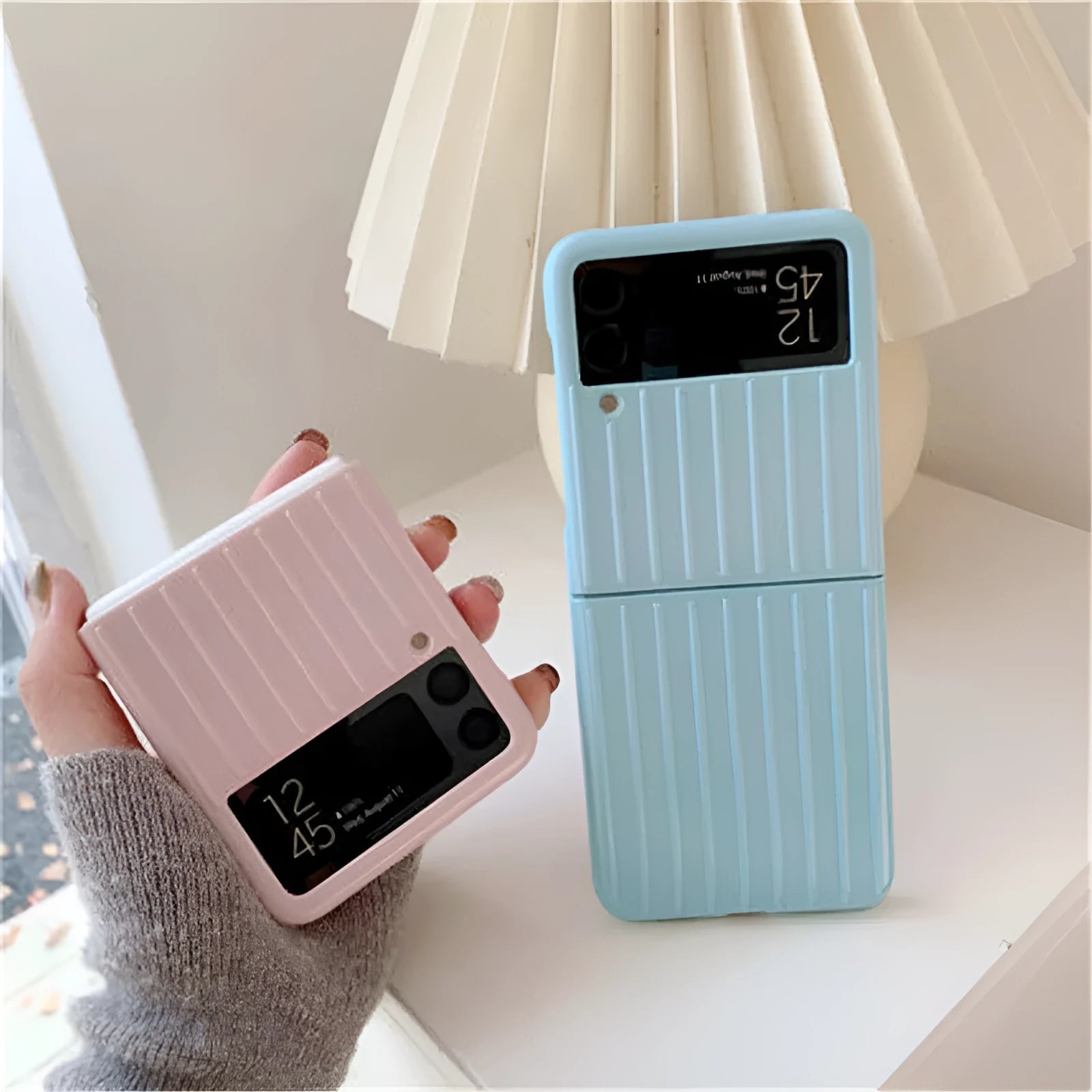 Samsung Z Flip3 flip type mobile phone case in seven colour options showing front and back views