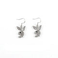 Close-up of cute rabbit stud earrings with full diamond face, in silver, pink, or gold alloy.