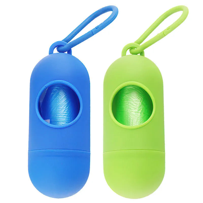 Small rectangular dog poop bag holder with a Velcro strap and metal hook, shown in a choice of colours.