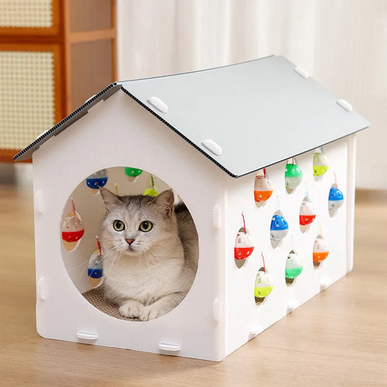 Plastic integrated cat scratch board with attached nest, tunnel, and bell ball toy