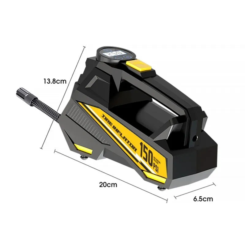 Black vehicle-mounted electric tyre inflator with digital display and 12V power cable