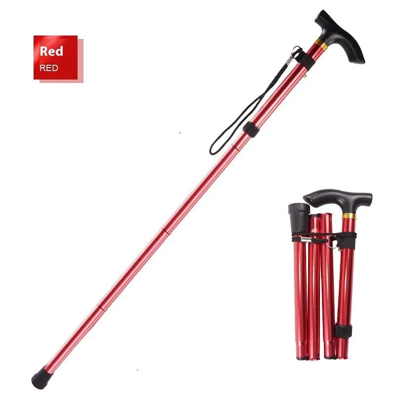 Aluminium folding walking cane with adjustable height and non-slip grip in multiple colour options