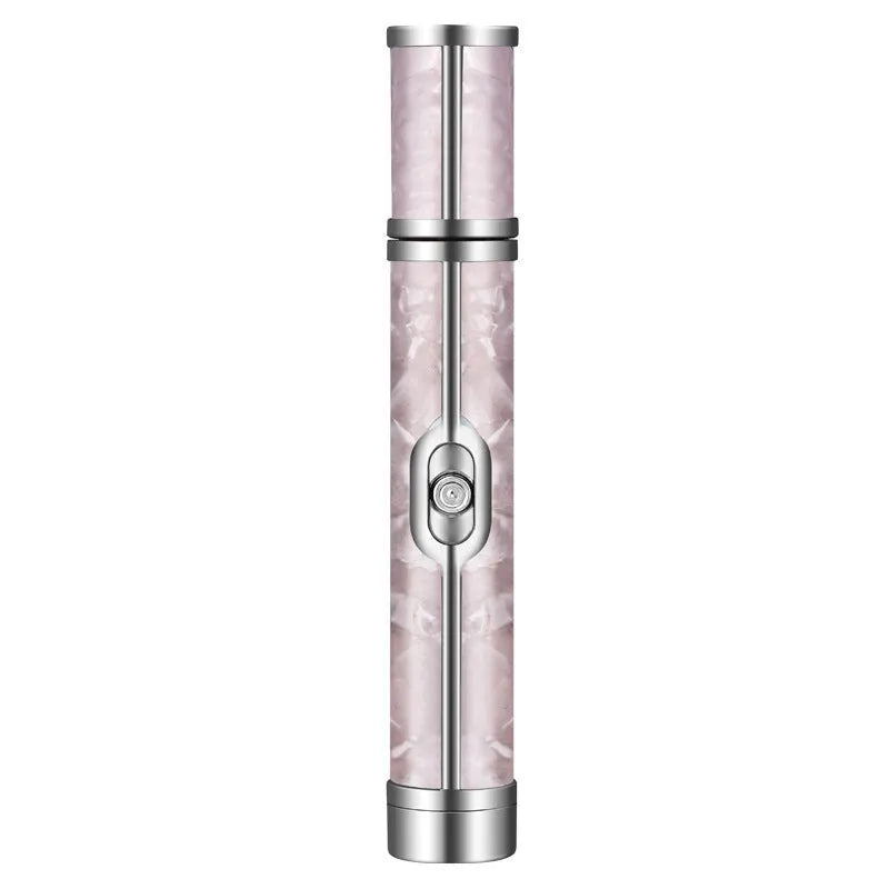 Pink portable nail polishing machine with USB cable on white background, 12.5 cm length