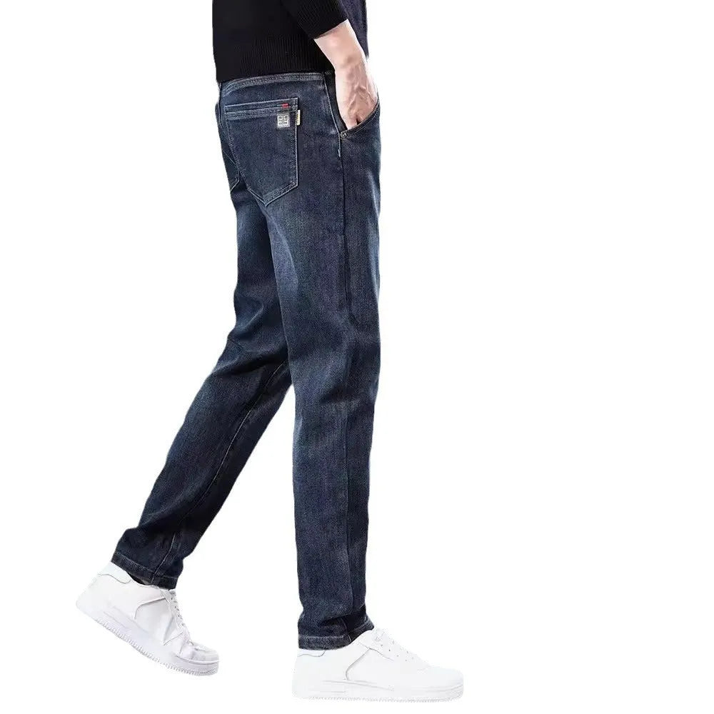 Men's slim straight casual trousers in polyester fabric with mid waist and zipper fly