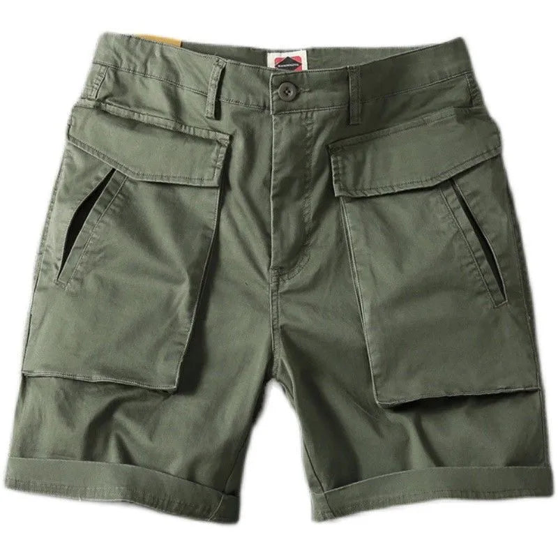 Men's army green cotton cargo shorts with multiple pockets and a straight leg design.