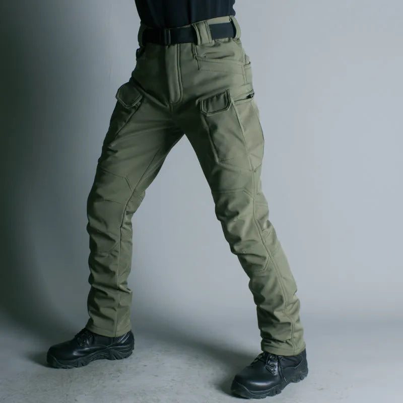 IX7 Shell Tactical Pants in green, men's winter outdoor breathable waterproof trousers with fleece lining
