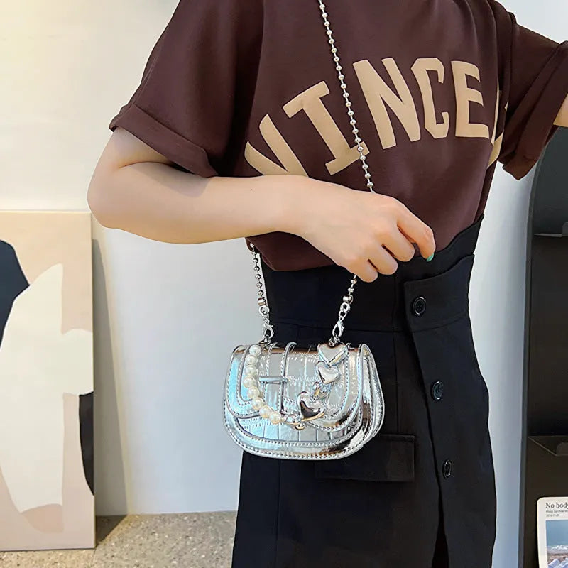 Women's horizontal square mini tote saddle crossbody bag in PU synthetic leather with shoulder strap