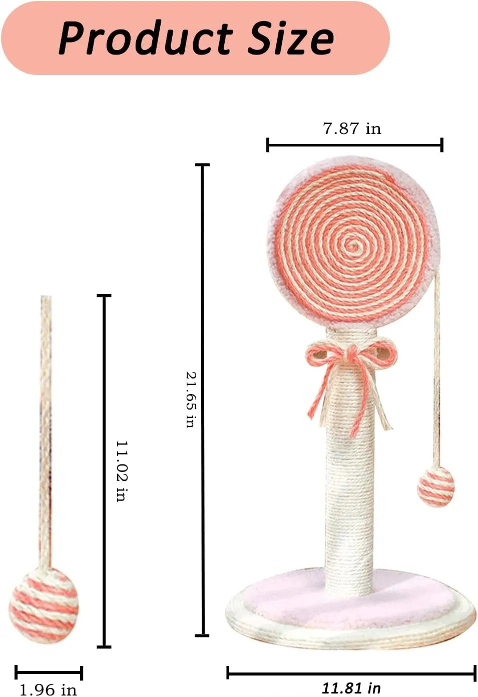 Blue cat scratching post made of natural sisal with a hanging ball on a stable white base.