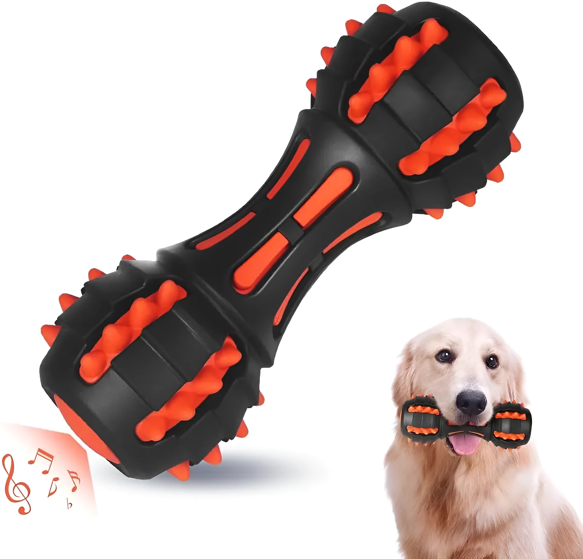 Red dumbbell-shaped dog chew toy with textured surface for medium to large breed aggressive chewers