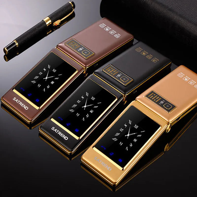 Dual screen flip phone in black colour showing both internal touch screen and external display