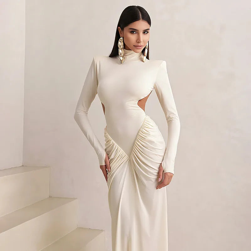 Long sleeve high collar slim fit pleated backless dress in polyester fabric