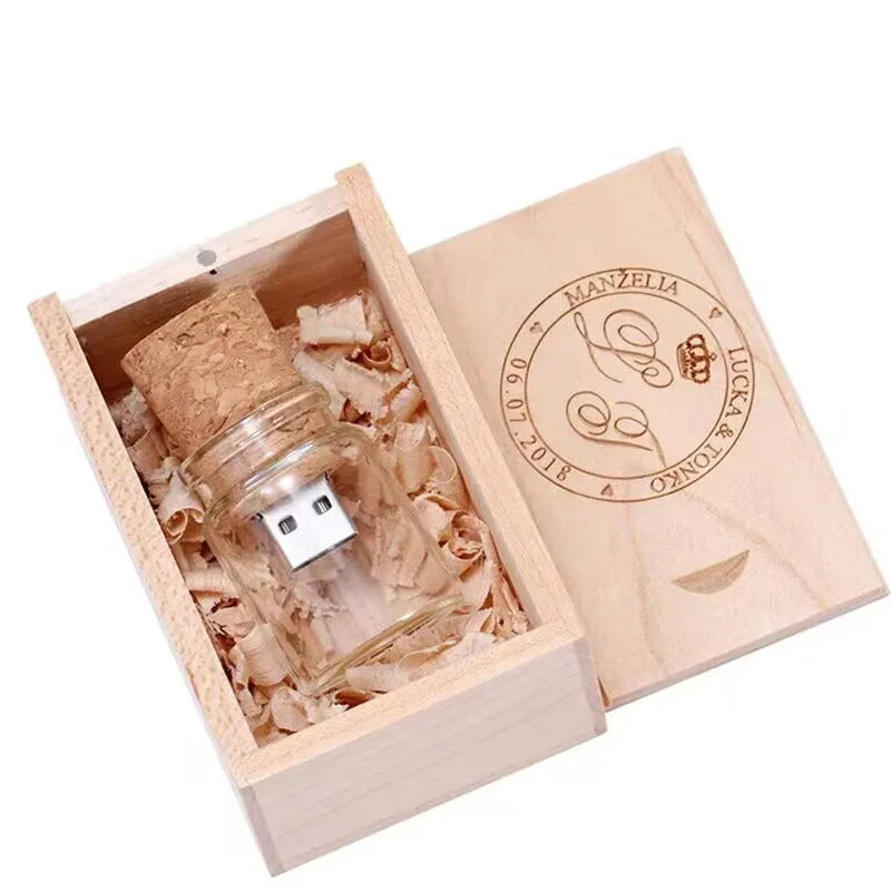 Transparent wooden drift bottle shaped USB flash drive measuring 60 by 28mm