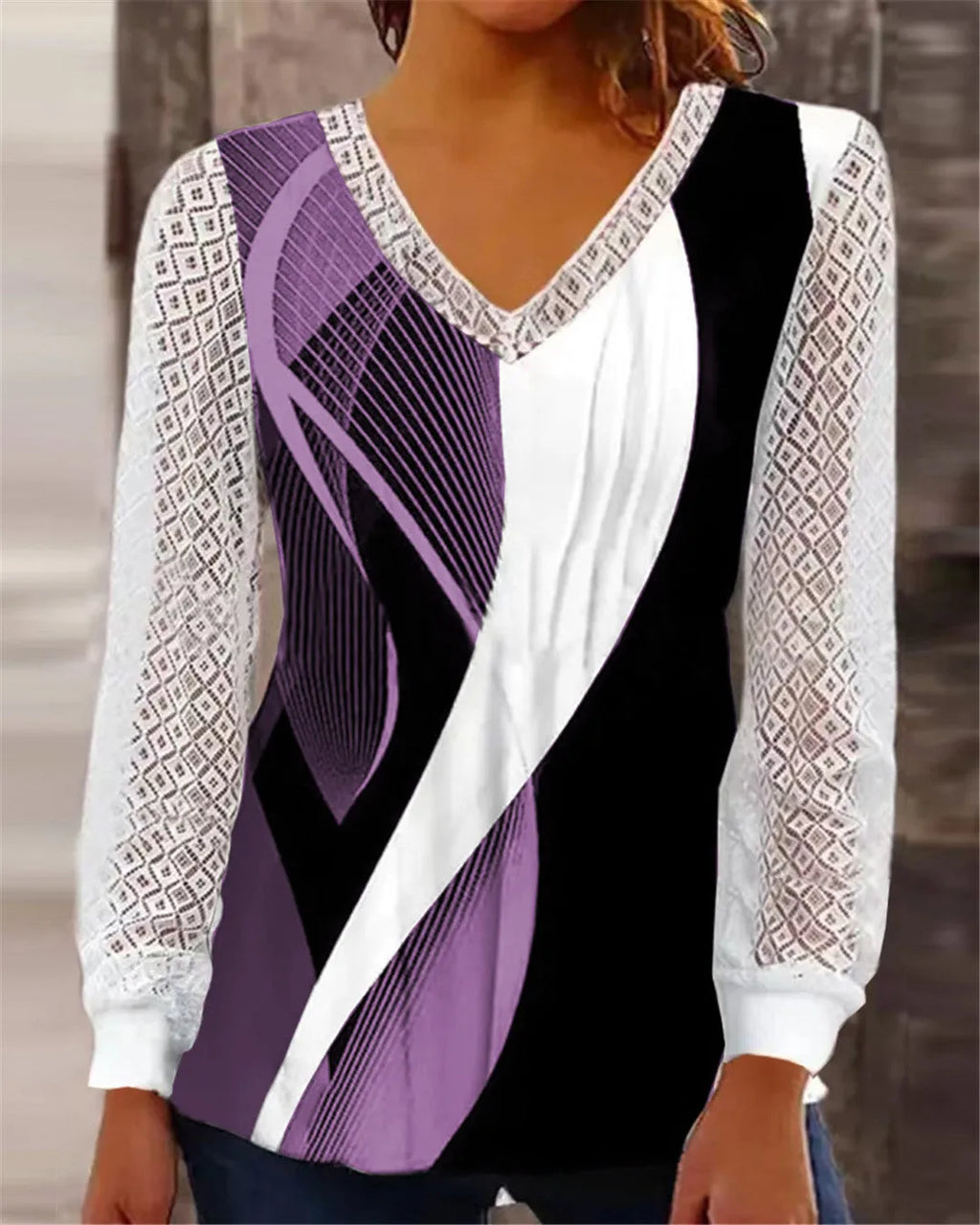 Women's loose V-neck lace blouse in purple polyester chiffon fabric showing lace detailing