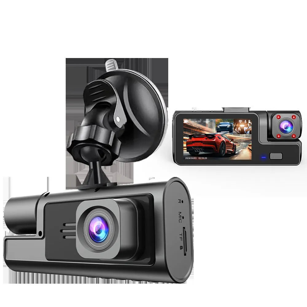 WiFi-connected car dash camera with 2.0-inch LCD screen showing front and rear recording capability