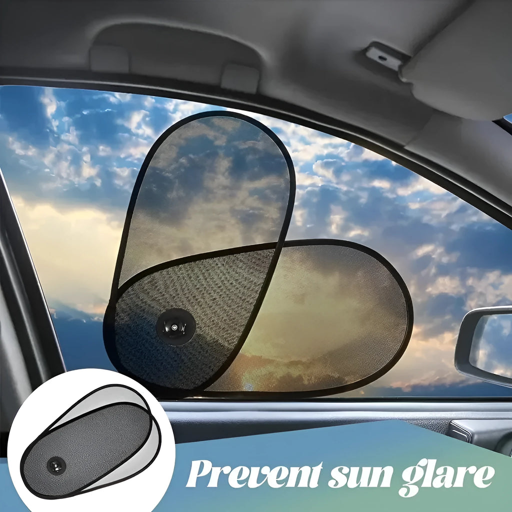 Black stretchy car side window sunshade with suction cups attached to protect a baby from sun.