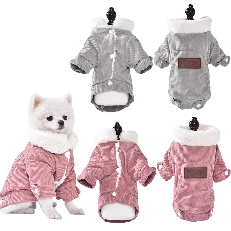 A grey lambswool fleece-lined vest for dogs on a hanger, showing its soft lining and size label.