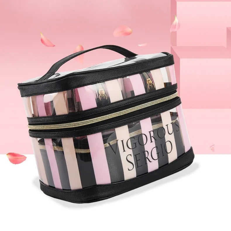 Pink bold stripes floral pattern folding makeup bag with waterproof synthetic leather construction
