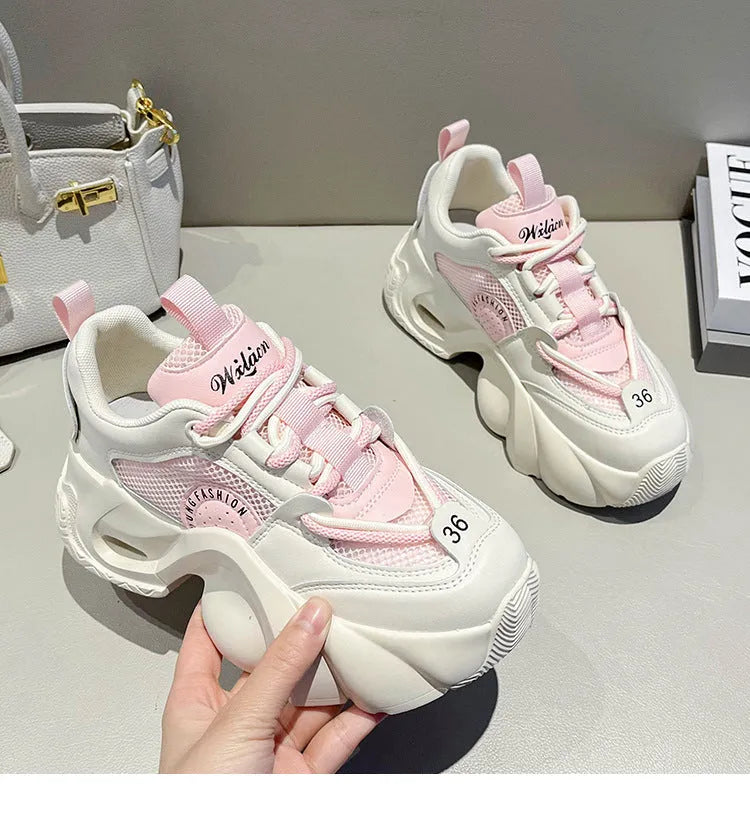 Women's casual thick bottom sneakers with cross strap detail and mid-heel in pink black or beige artificial PU