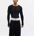 Black mesh slim-fit long sleeve PU pullover top with round neck on a model