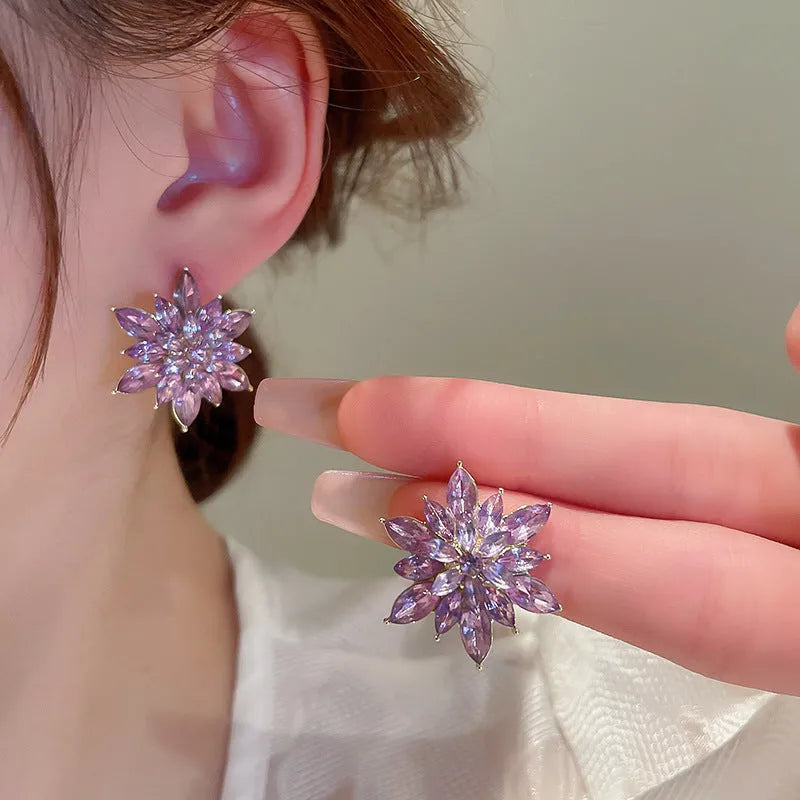 Super shiny crystal zircon multi-layer three-dimensional flower earrings in white alloy with leaf and petal details