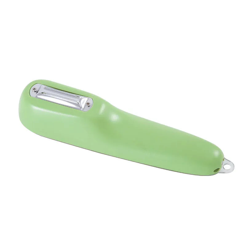 Dark green kitchen peeler with stainless steel blade inside its clear plastic storage tube