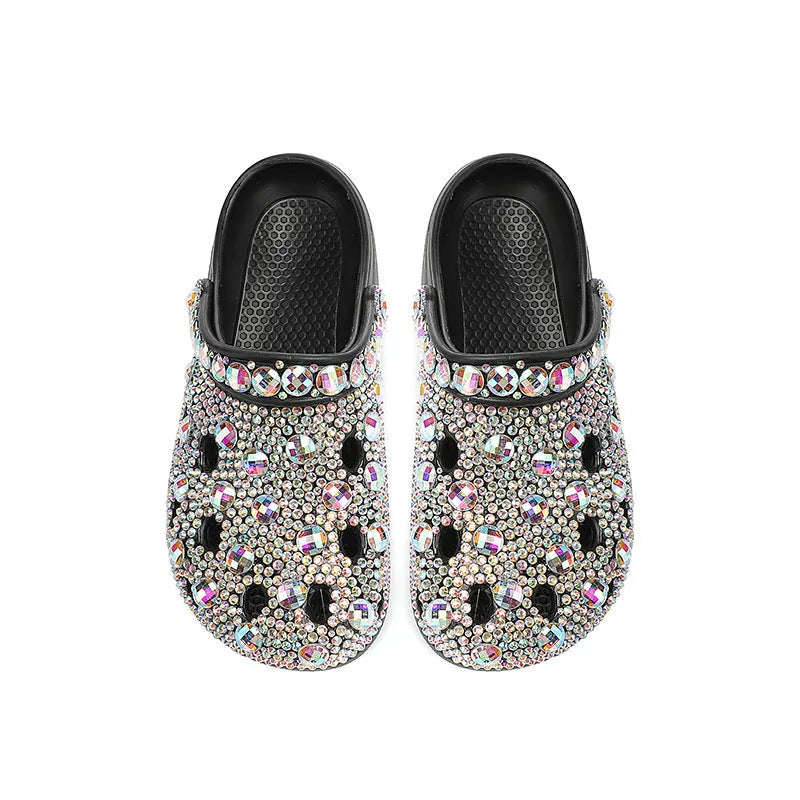 Black women's platform sandals with sparkling rhinestone detail on EVA upper and sole