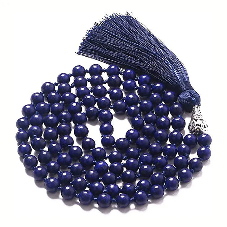 Long unisex agate and amethyst tassel necklace with blue stone pattern, measuring 95-100cm.