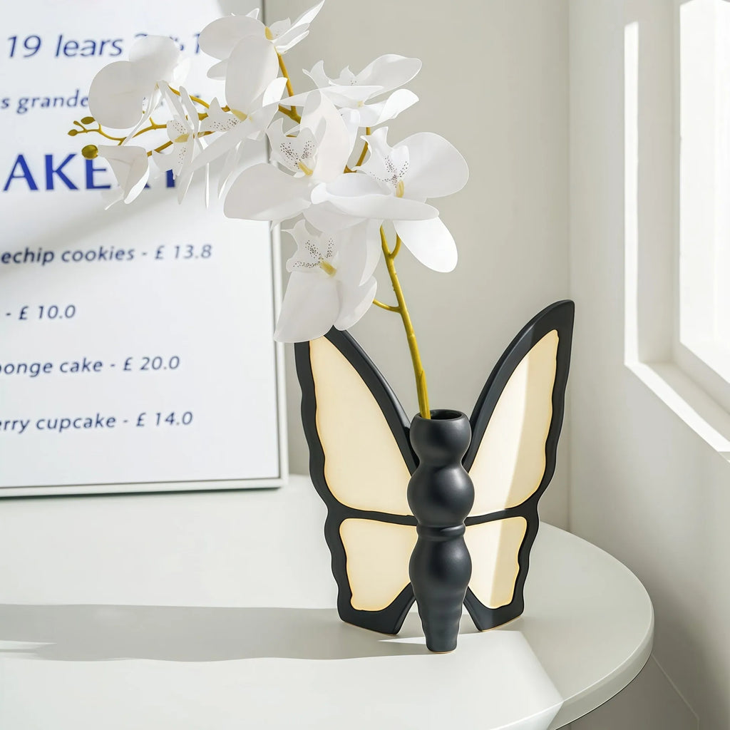 Ceramic butterfly-themed vase and tissue box set with waterproof finish