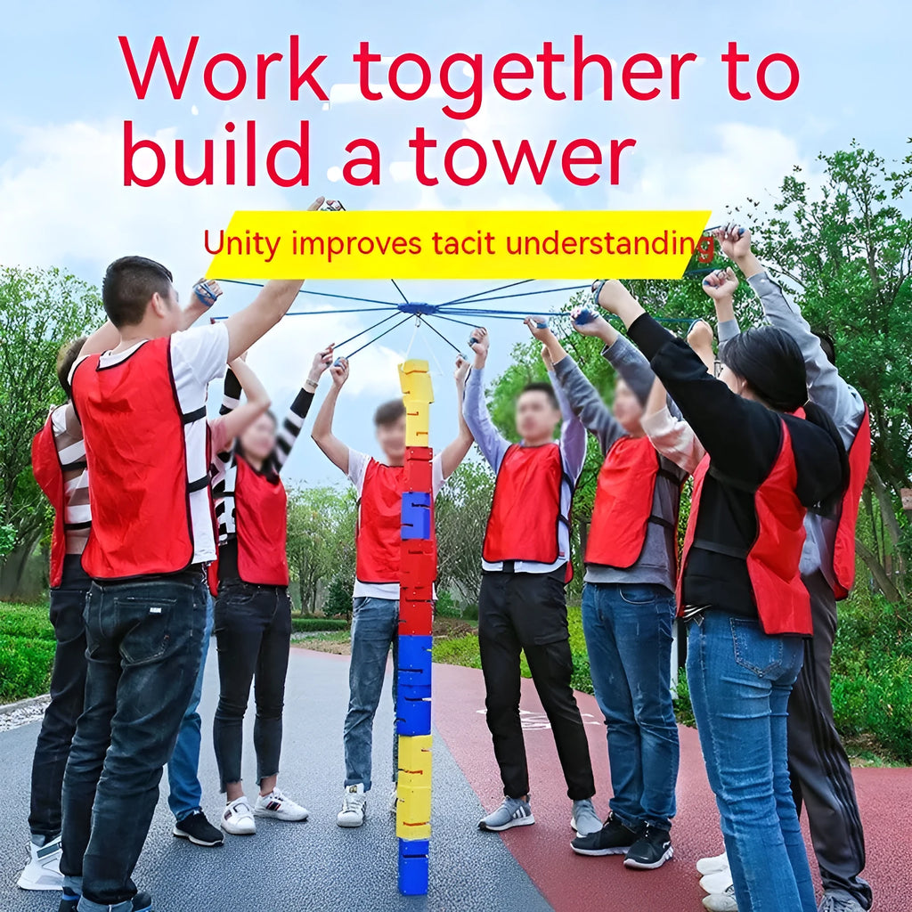 ABS plastic tower building game equipment with coloured blocks, pull ropes, and hook frames for team activities