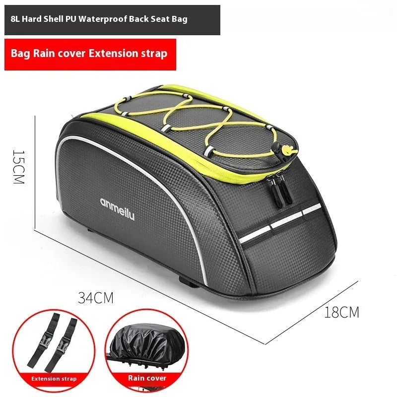 Waterproof bicycle back rack bag 8L PU leather in black and yellow mounted on bike rear rack