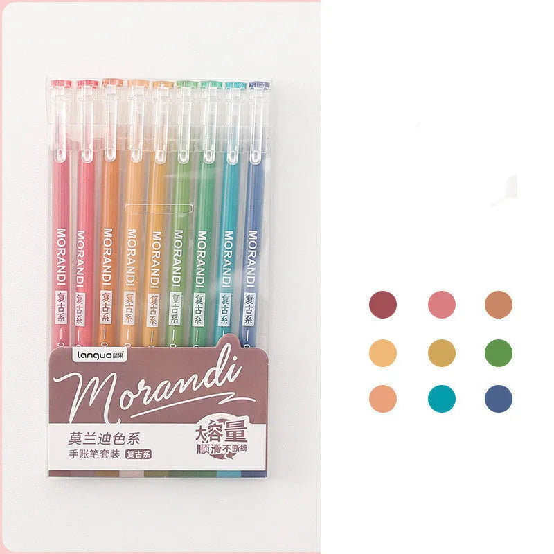 Set of nine colourful retro-style gel pens with 0.5mm needle tips, arranged in Nordic, Salt, Sweet, and Retro designs.