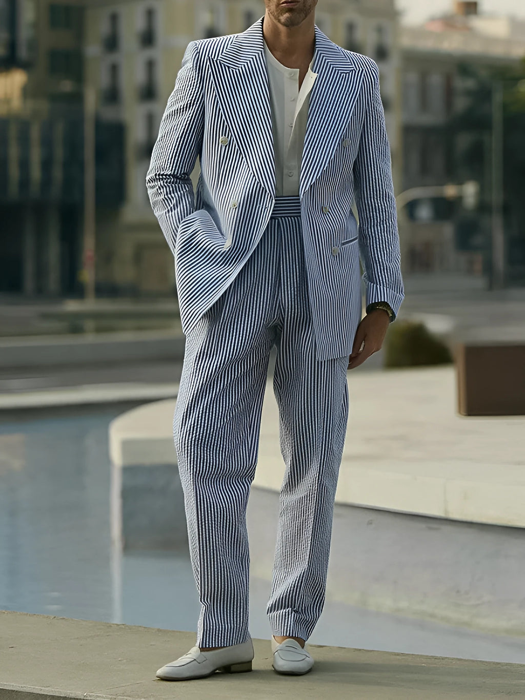 Blue and white striped polyester suit set with blazer and trousers for men