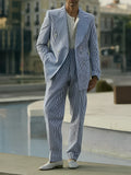 Blue and white striped polyester suit set with blazer and trousers for men