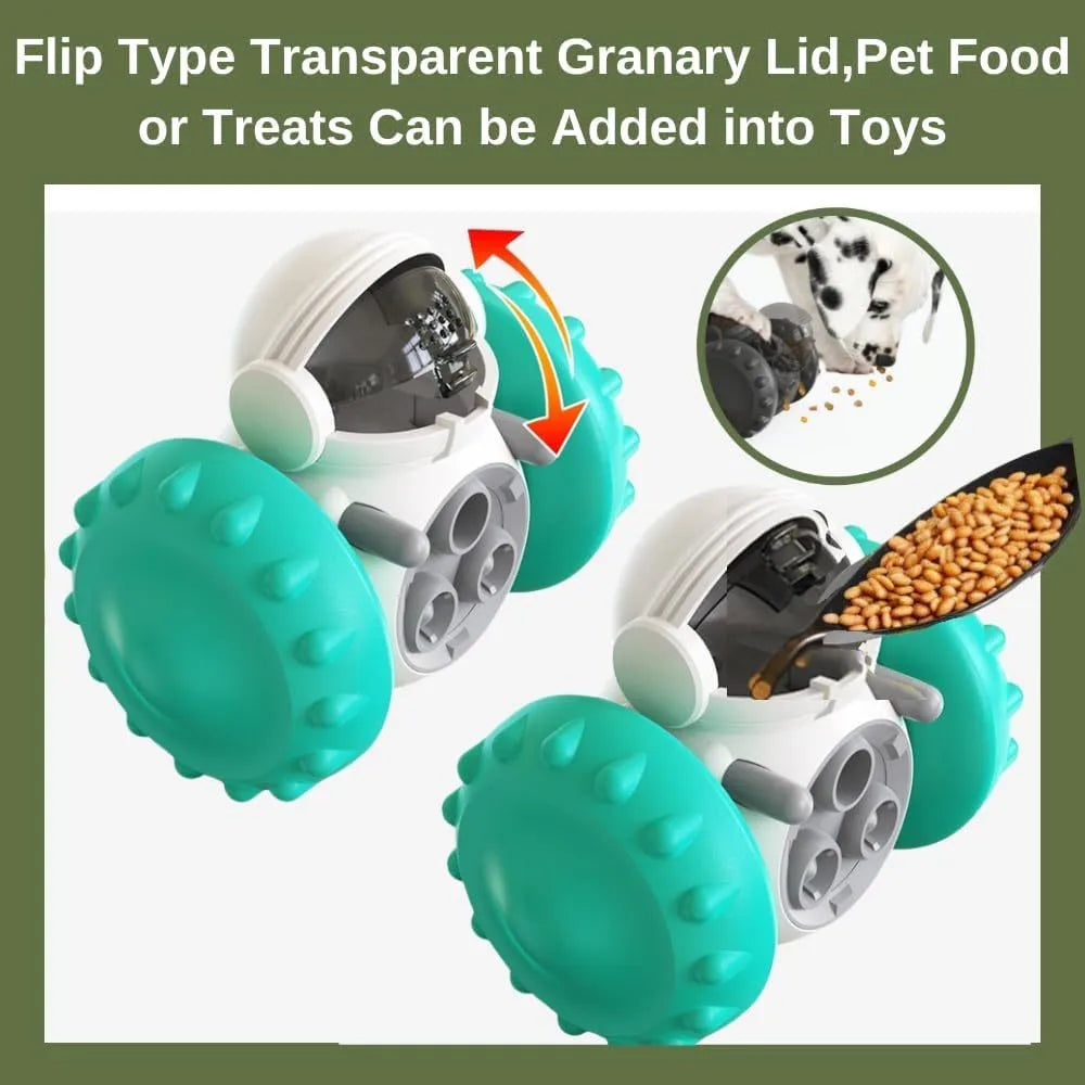 Robot design pet food dispenser toy for small dogs and cats showing self-balancing tumbler mechanism