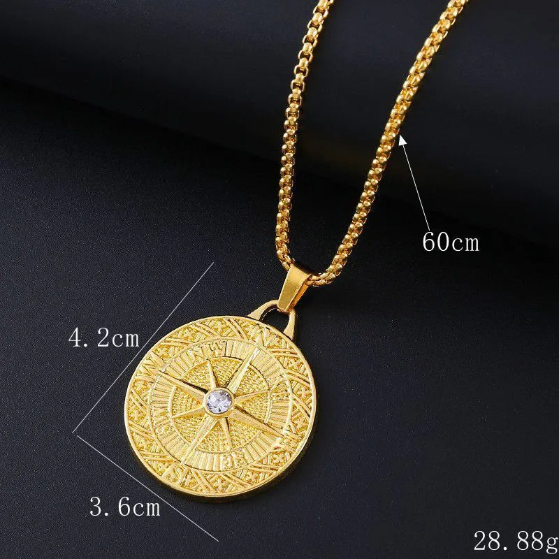 Geometric gold-colour alloy pendant necklace with an inlaid zircon stone centrepiece.