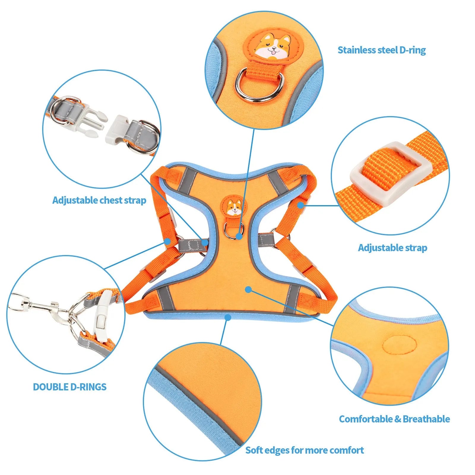 Adjustable dog harness and leash set in assorted colours with a chest strap.