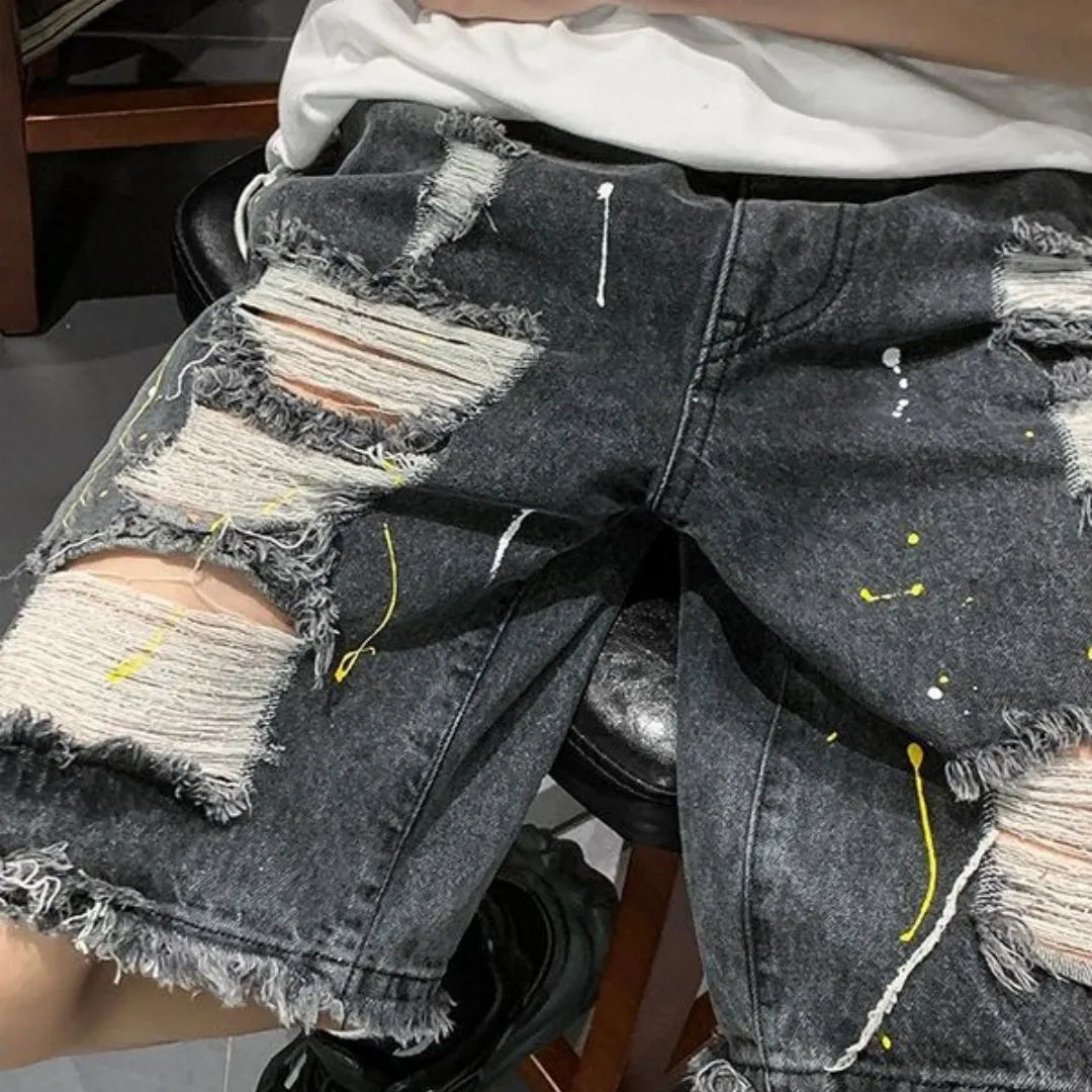 Men's water washed denim shorts with distressed holes, loose street style fit in light blue colour