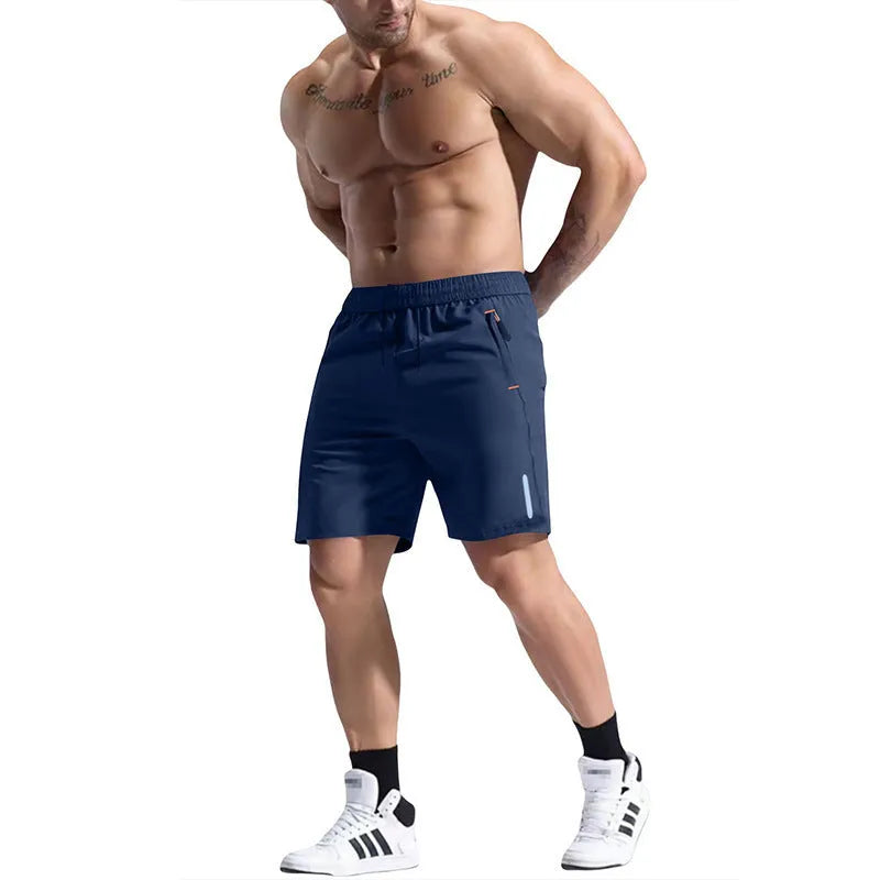 Men's grey elastic waist bamboo fibre sports shorts laid flat, showing drawstring and shorts length.