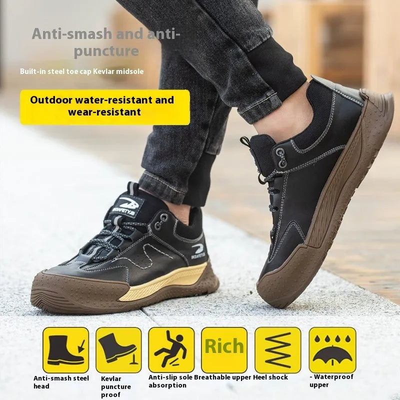 Flyknit leather work shoes with a rubber sole in black, shown on a size 42 foot.