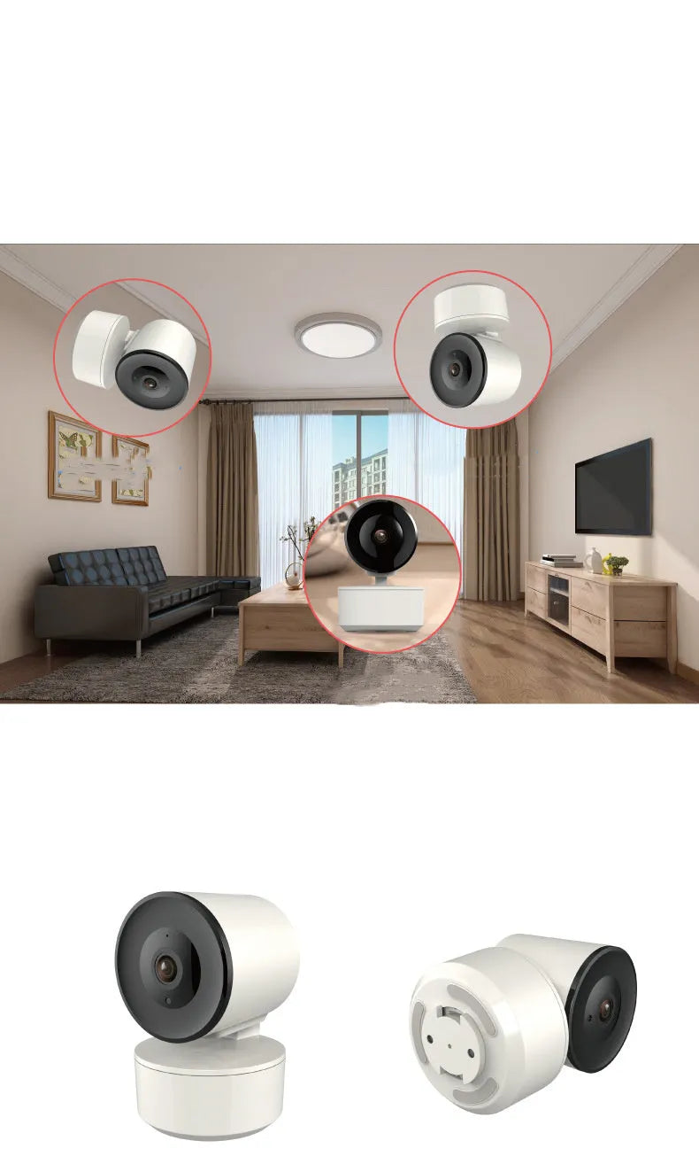 Indoor WiFi security camera with pan-tilt function showing 1080p HD and motion tracking features