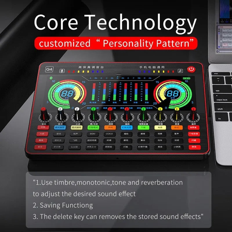 G4 professional sound card mixer with LCD screen, microphone, and remote control for live streaming.