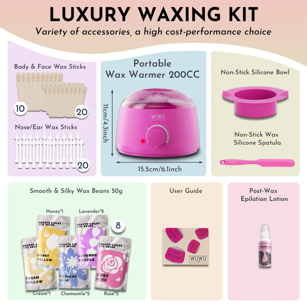 WUWUVISTA 63-piece waxing kit with black wax warmer, wax beads, application sticks and lotion