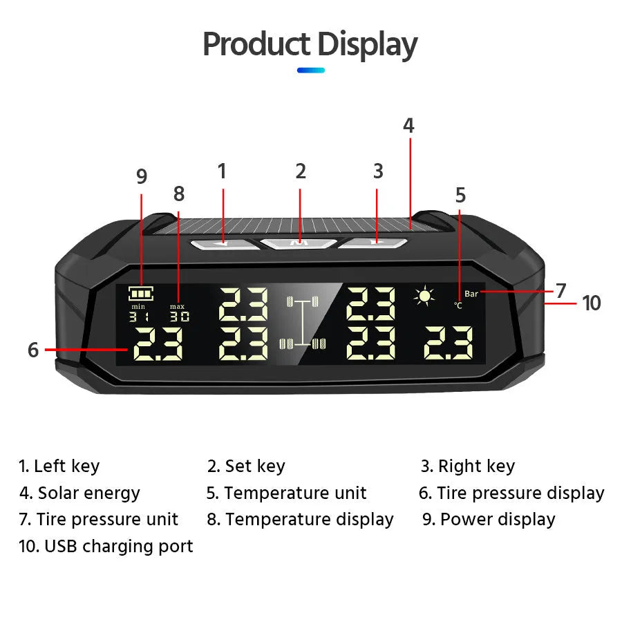 Solar-powered external tyre pressure monitor with colour display and six sensors for RVs and trucks