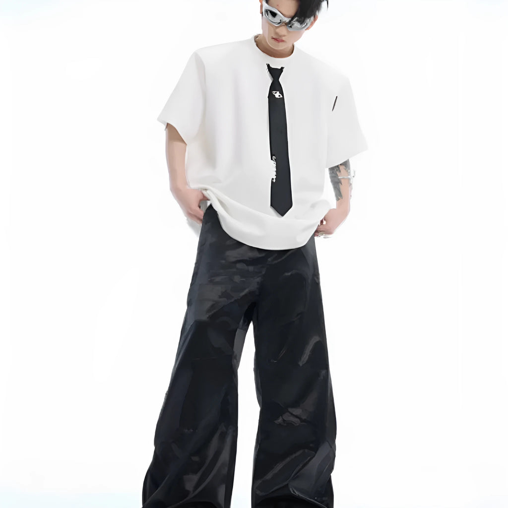 Niche tie stitching short sleeve solid colour top in black with metal decorations, loose fit summer style